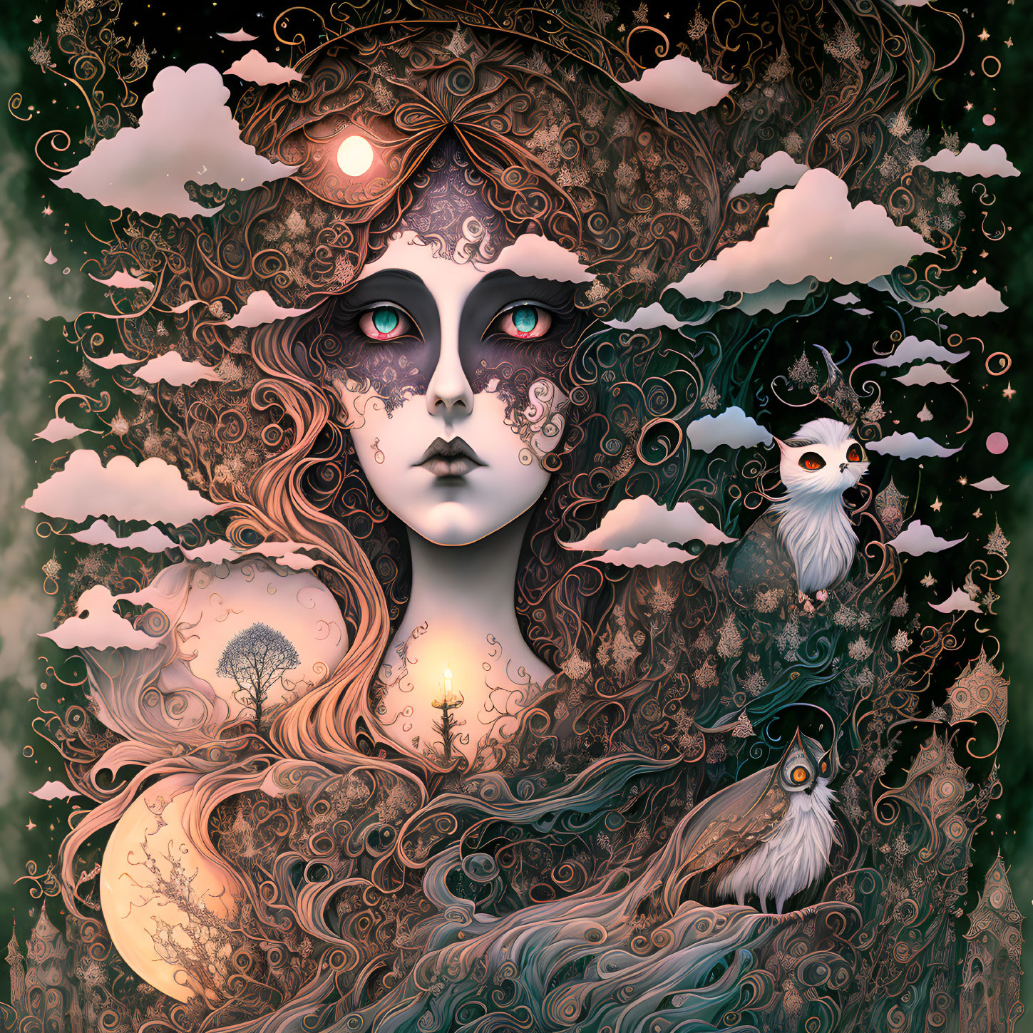 Illustrated woman's face in surreal landscape with clouds, trees, owl, and moon in mystical twilight