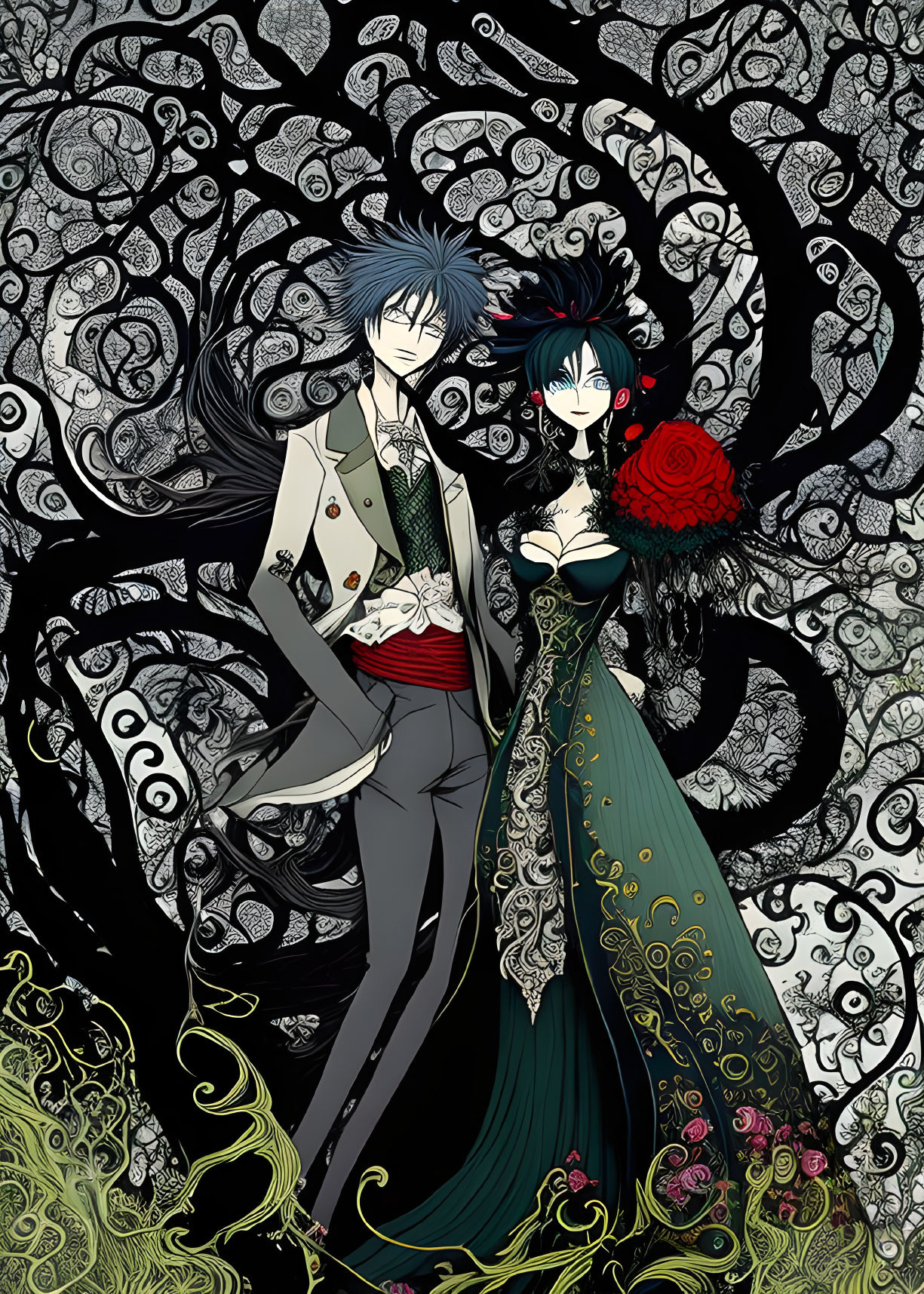 Illustrated man and woman with blue hair in elegant attire against floral background.