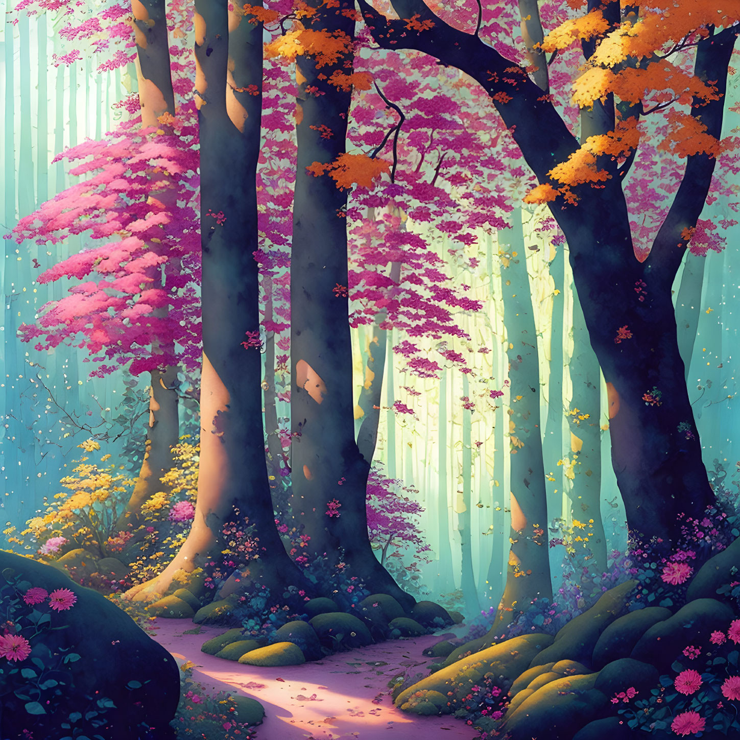 Vibrant forest scene with pink and orange foliage, sunbeams, flowers, and moss