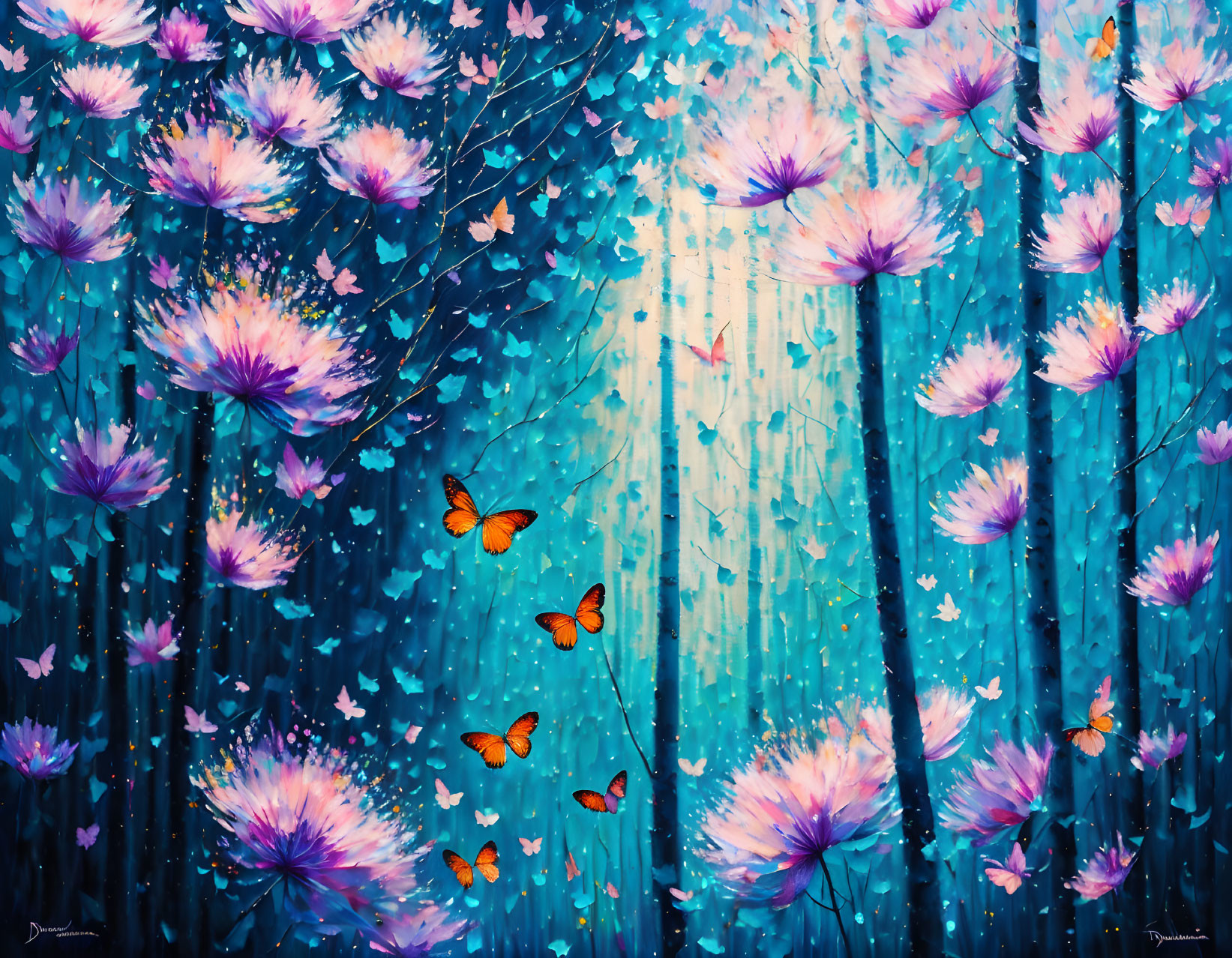 Colorful Underwater Painting with Lotus Flowers, Butterflies, and Sunbeams