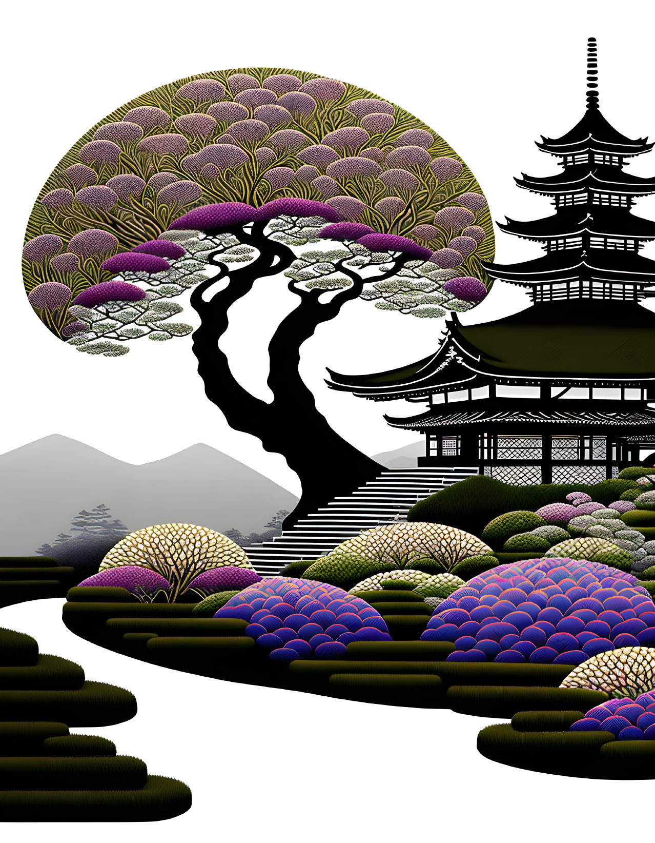 Japanese-inspired artwork with pagoda, vibrant trees, and rounded hills.