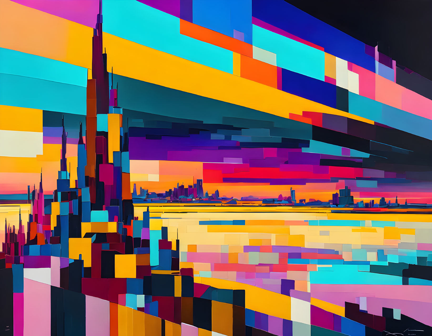 Vibrant Abstract Cityscape with Geometric Shapes in Yellow, Blue, Pink, and Black