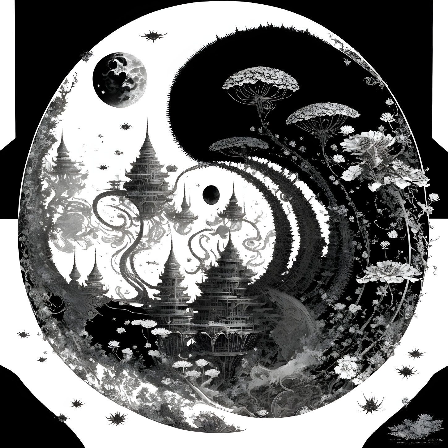 Monochrome fantasy illustration with moon, floral patterns, mushrooms, and Eastern-style architecture in oval border