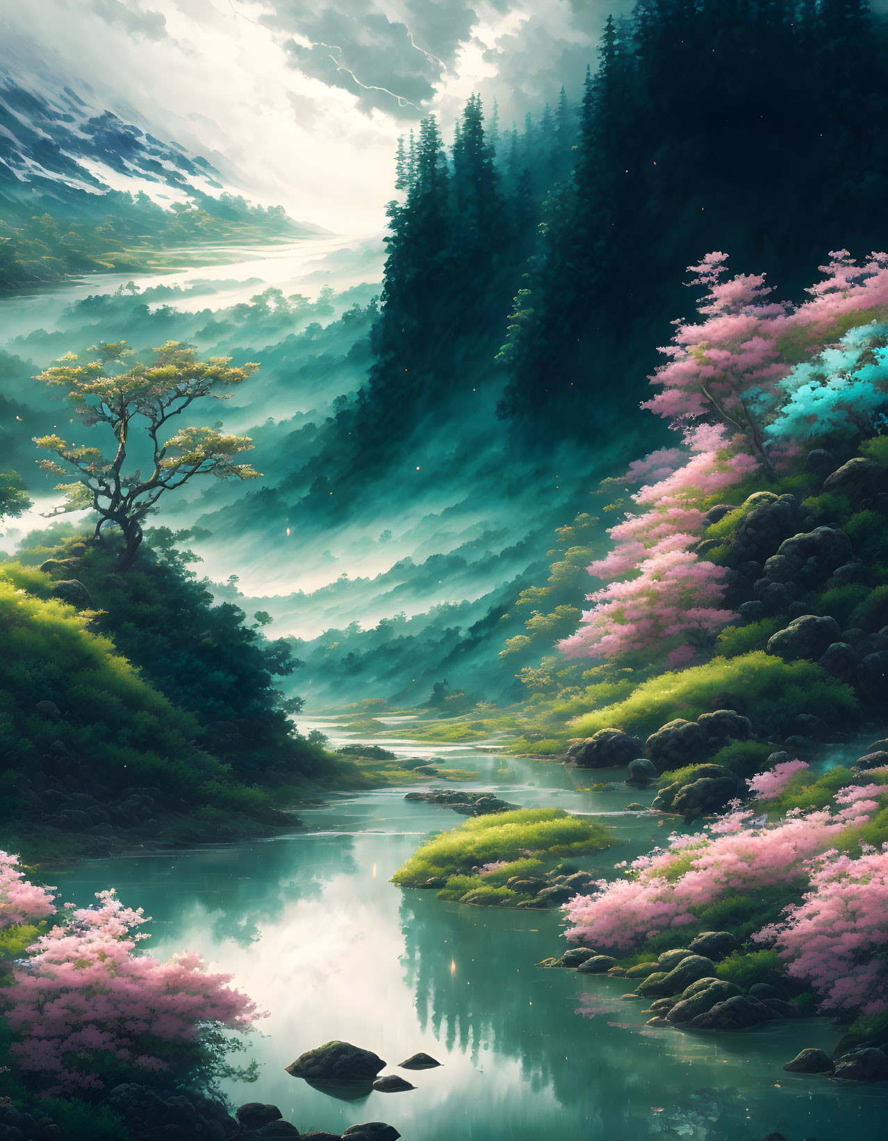 Tranquil river, cherry blossom trees, misty mountains landscape