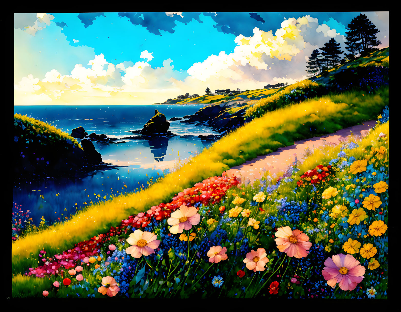 Colorful wildflowers frame serene seaside vista under sunny sky