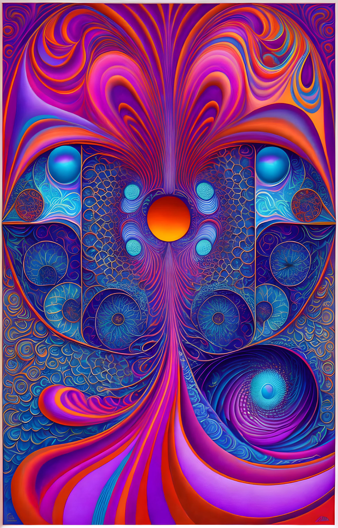 Vibrant blue, purple, and orange abstract art with swirling patterns.