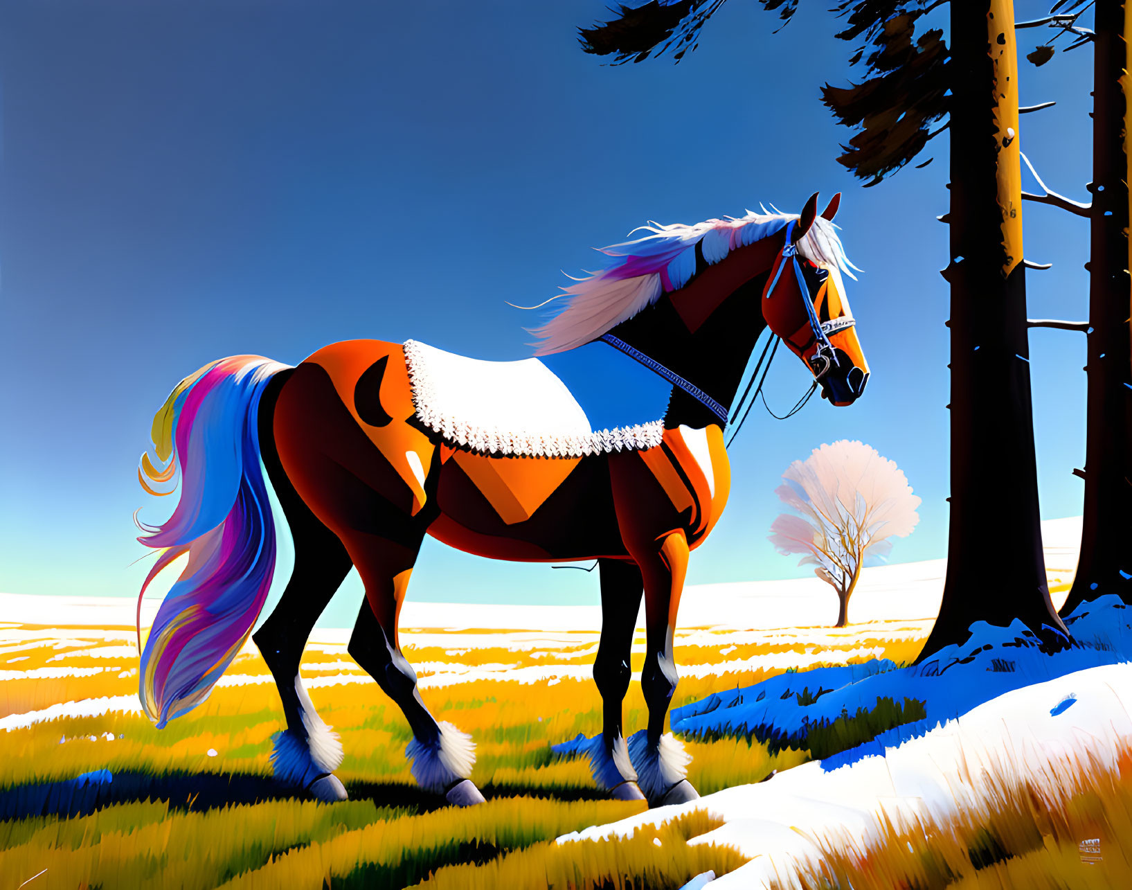 Majestic horse digital illustration in colorful landscape