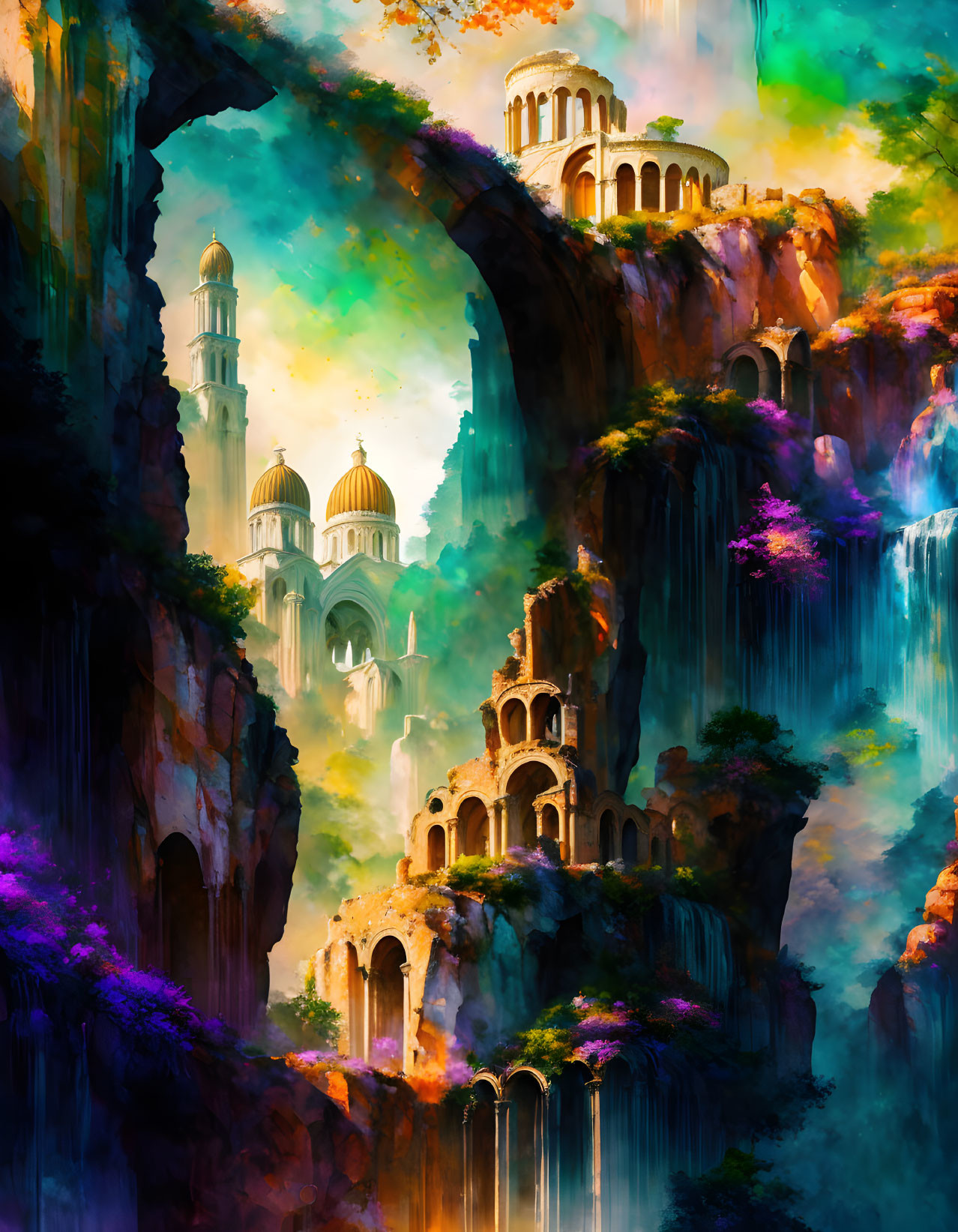 Fantasy landscape with waterfalls, lush vegetation, colorful castles on rocky cliff