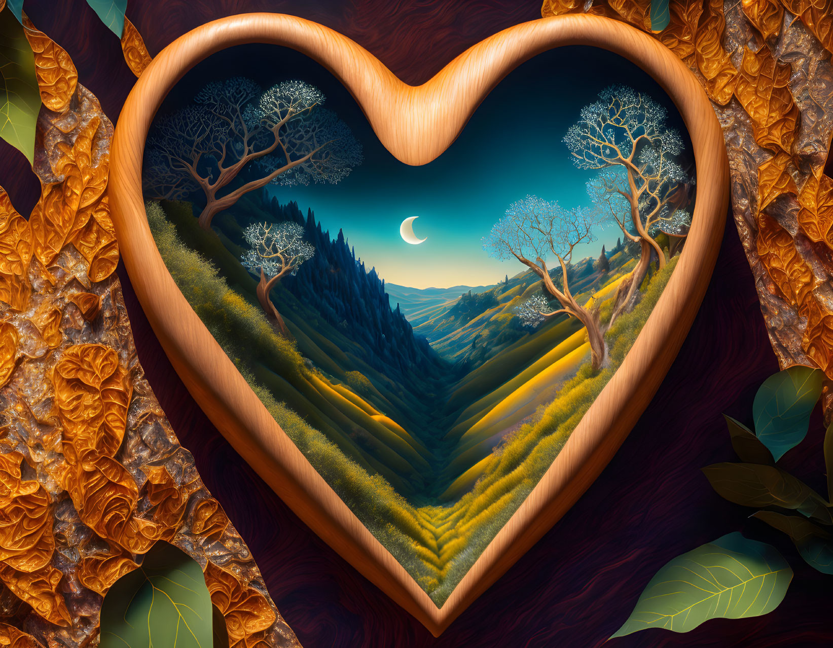 Heart-shaped Frame with Landscape, Trees, Moon, and Stars in Autumn Theme