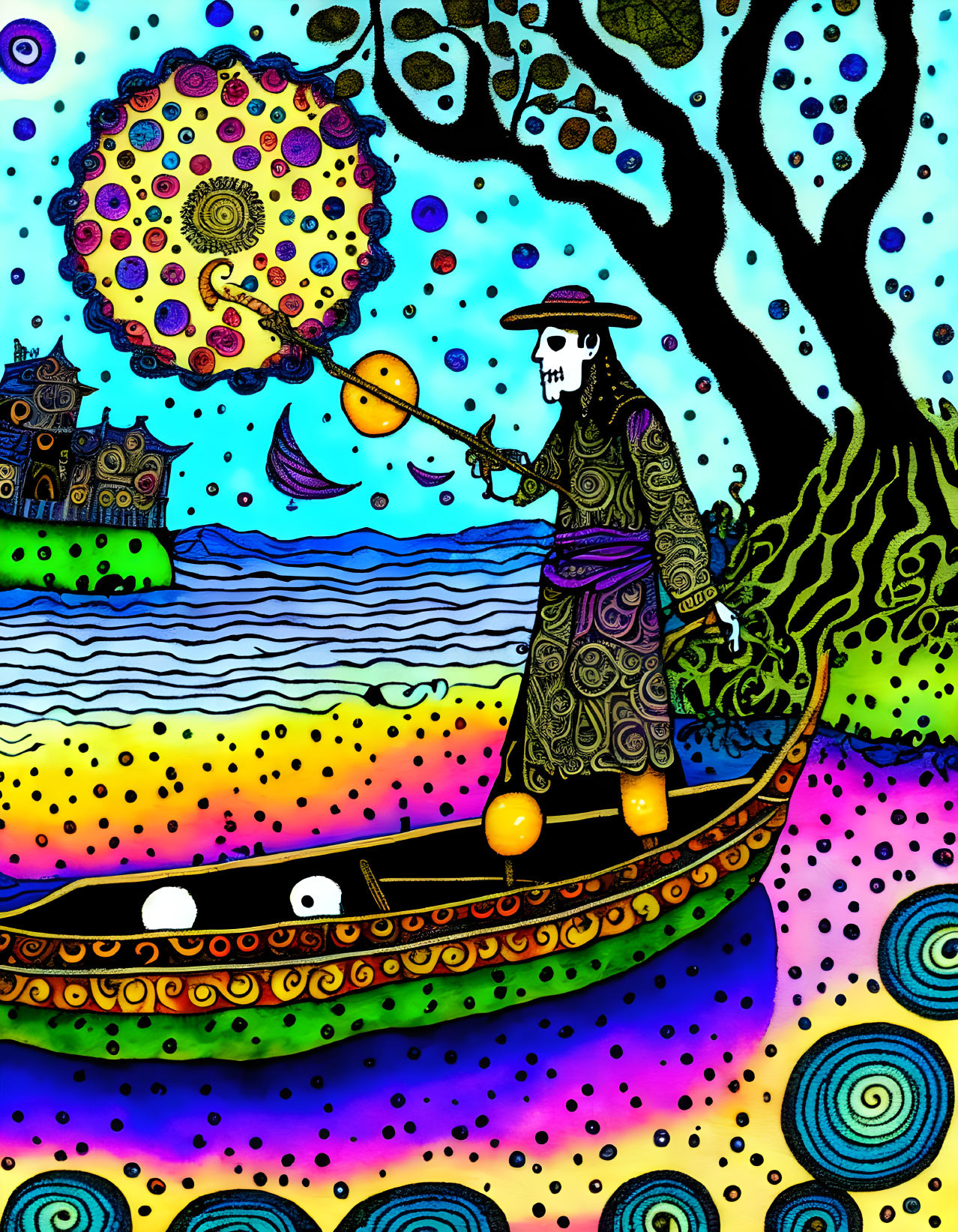 Colorful digital artwork: Skeleton in robe rowing boat amidst swirling patterns, psychedelic trees and sea.