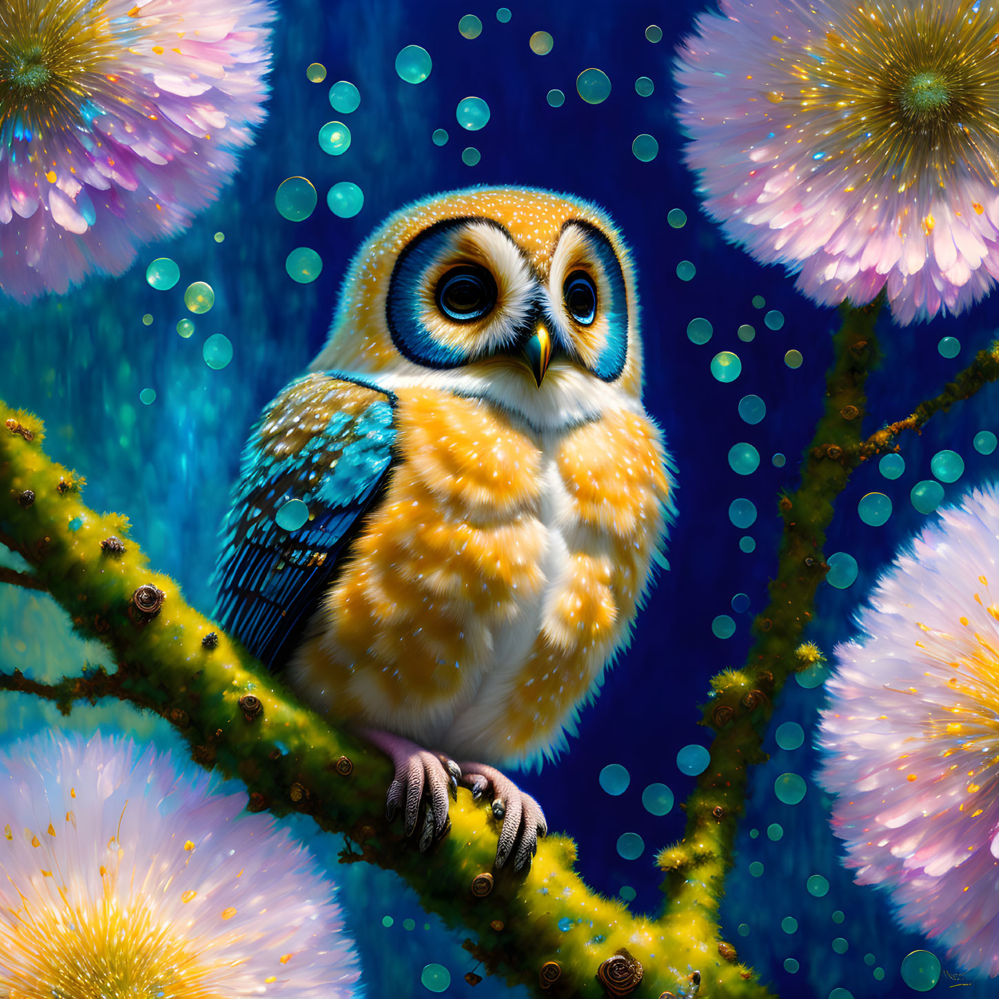 Colorful Stylized Owl Illustration on Branch with Flowers and Blue Background