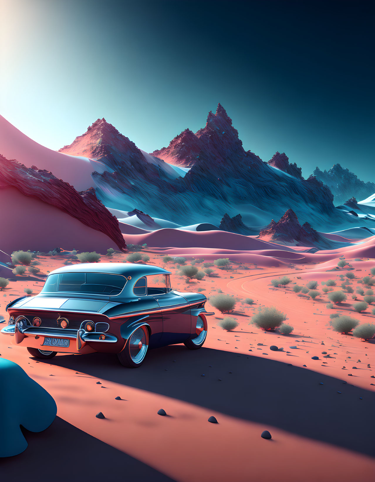 Vintage car in desert with red sand, dark mountains, and teal sky