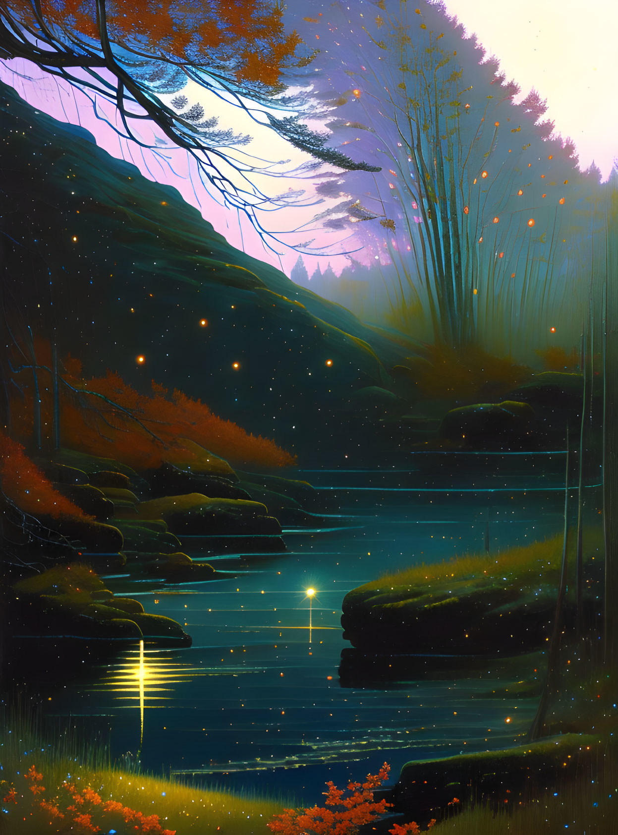 Tranquil forest scene at dusk with fireflies, serene lake, stars reflection, lush trees,