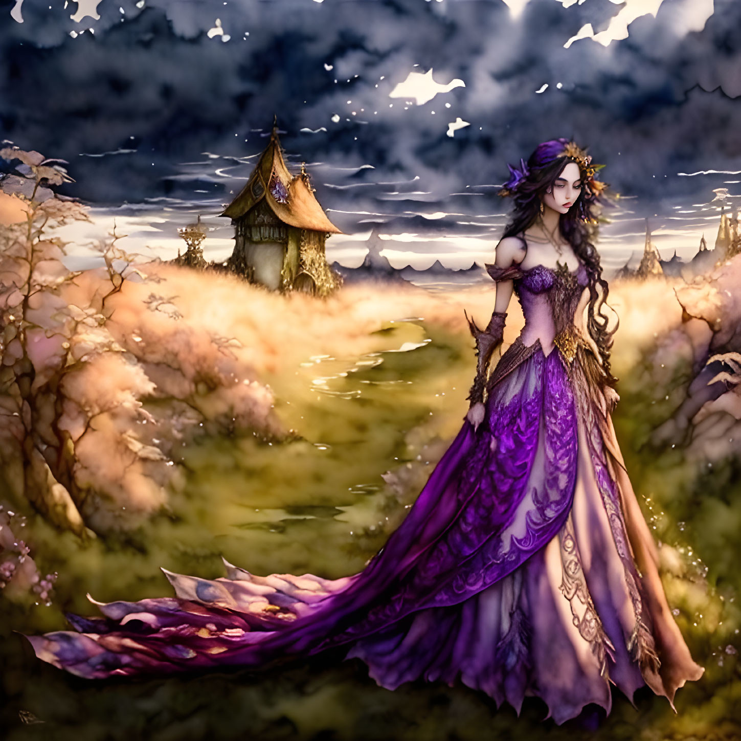 Mystical forest scene with elegant woman in purple gown