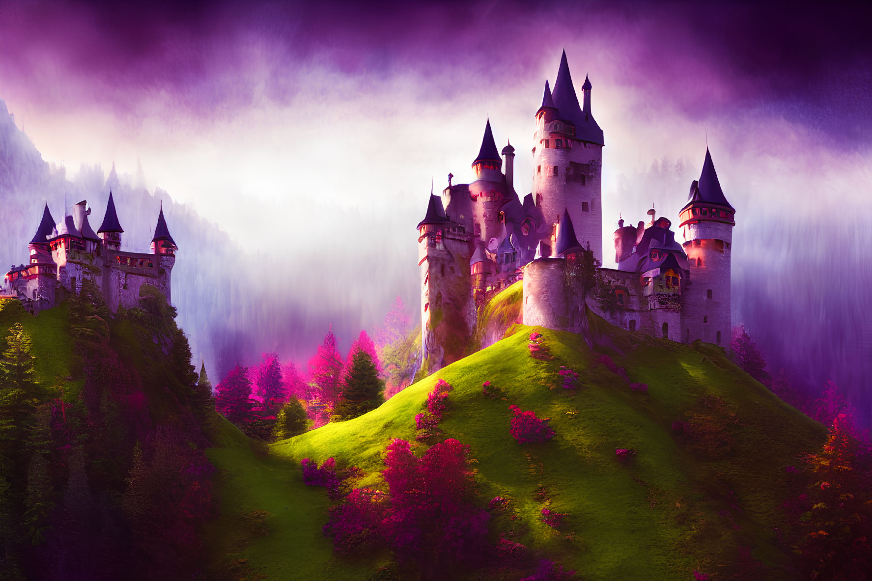 Majestic castle on hill in fantasy landscape with lush greenery and pink foliage under purple sky