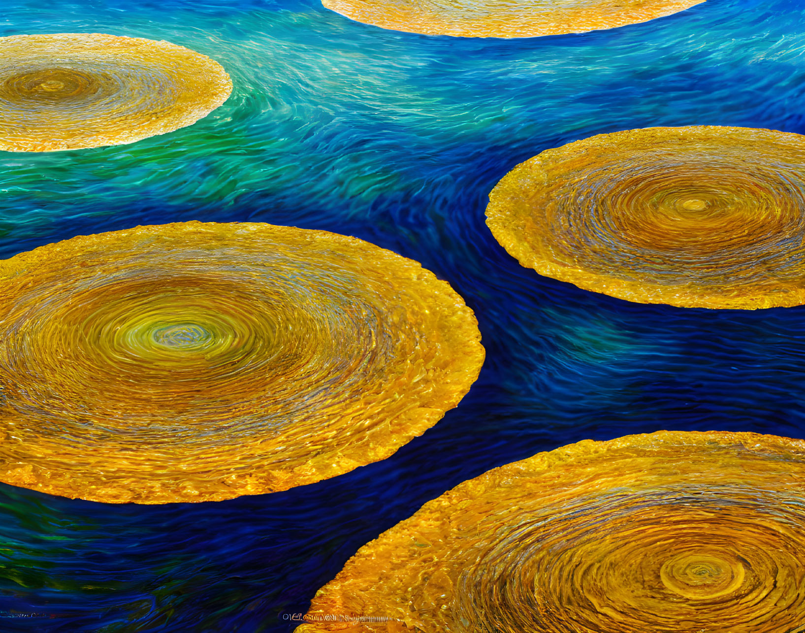 Abstract Painting: Swirling Golden Circles on Blue Water Background