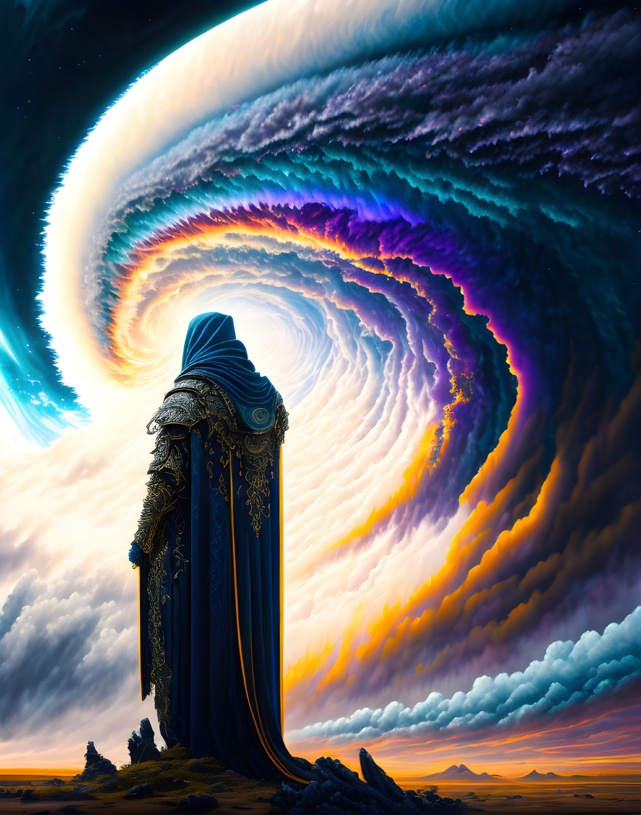 Cloaked figure in front of swirling vortex in dramatic sky