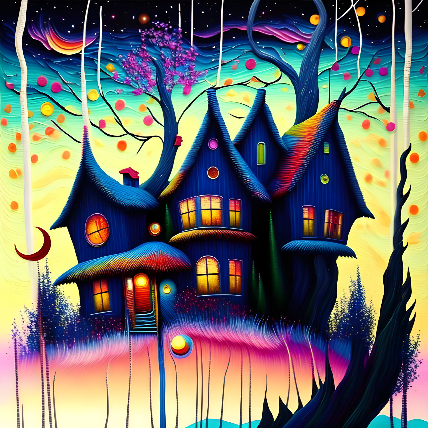 Colorful art: Quirky houses, twisted trees, night sky, stars, planets, cres