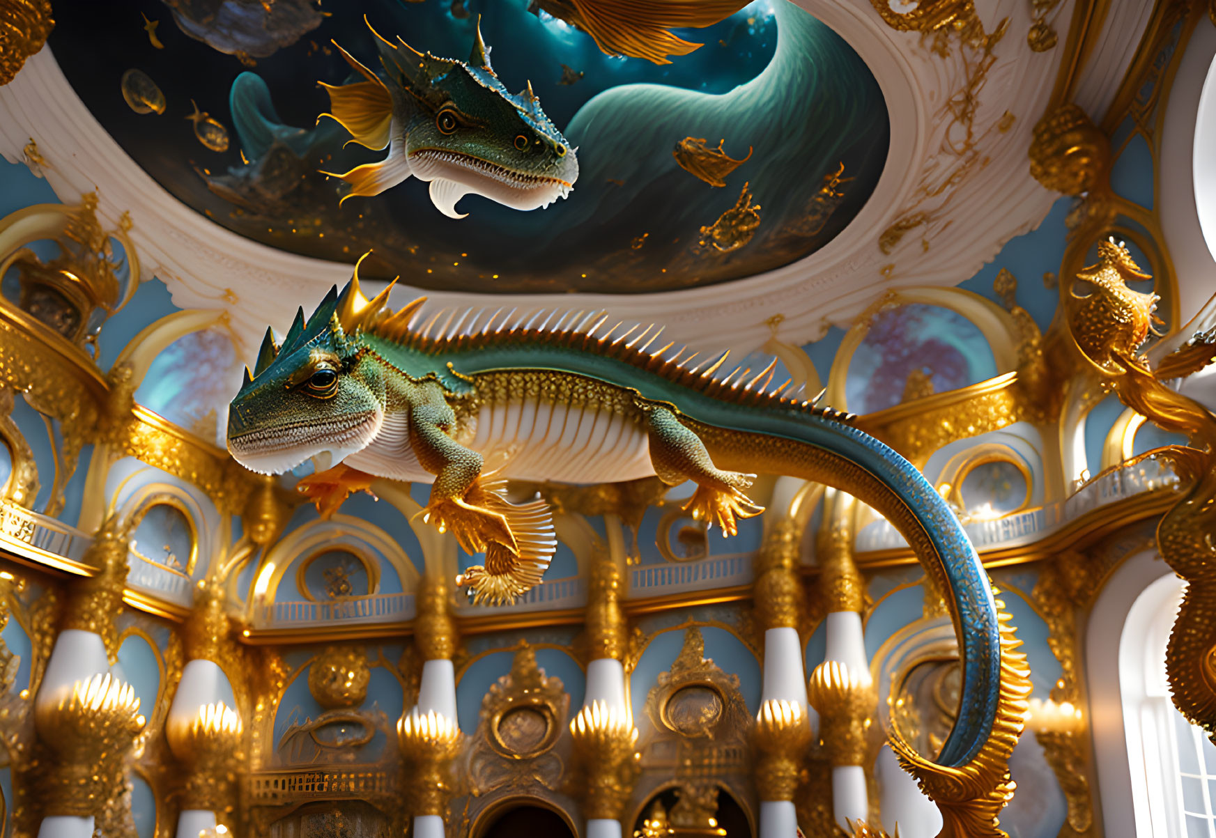 Iguana in opulent golden palace with floating goldfish