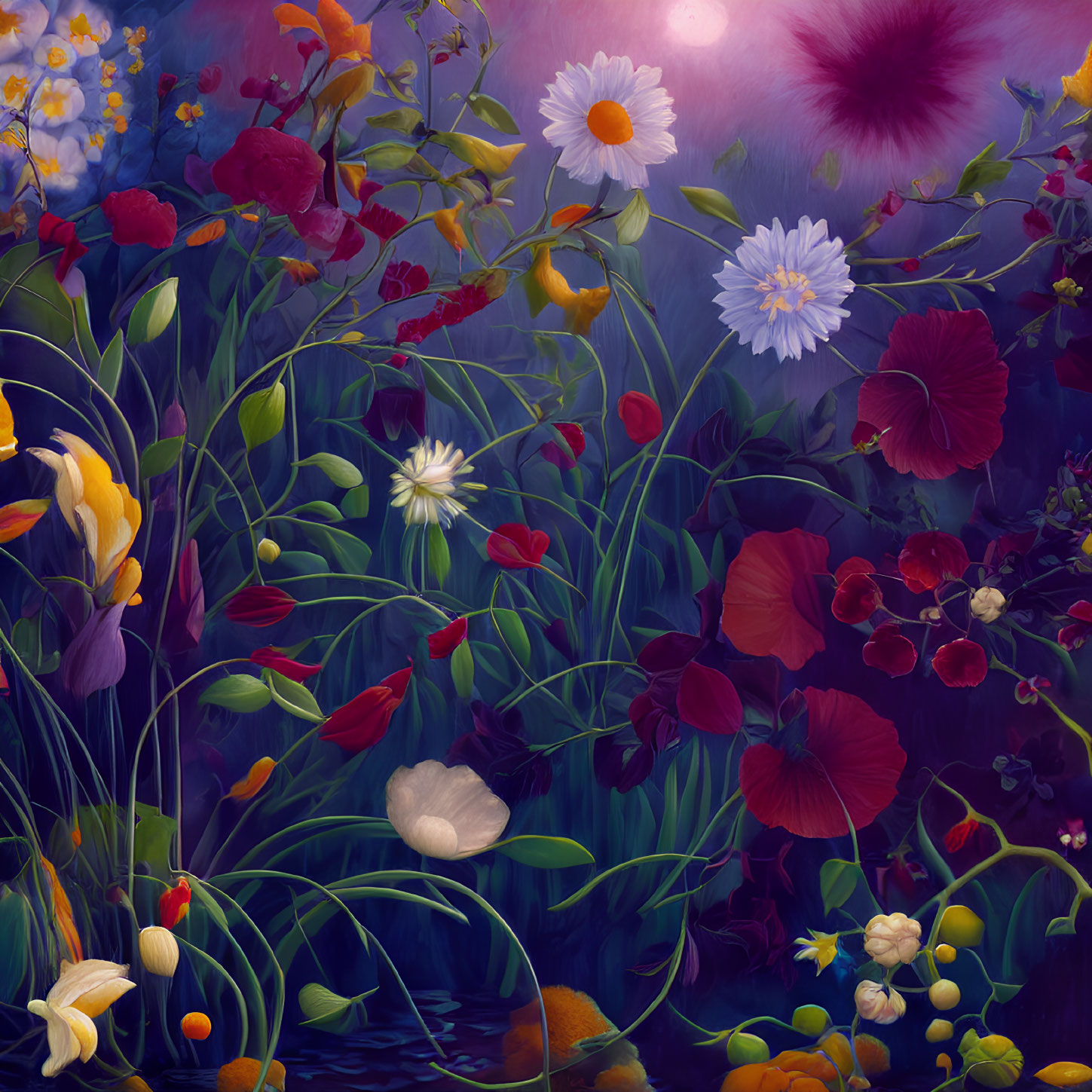 Colorful digital painting of assorted flowers in lush foliage on dramatic purplish-blue backdrop with ethereal