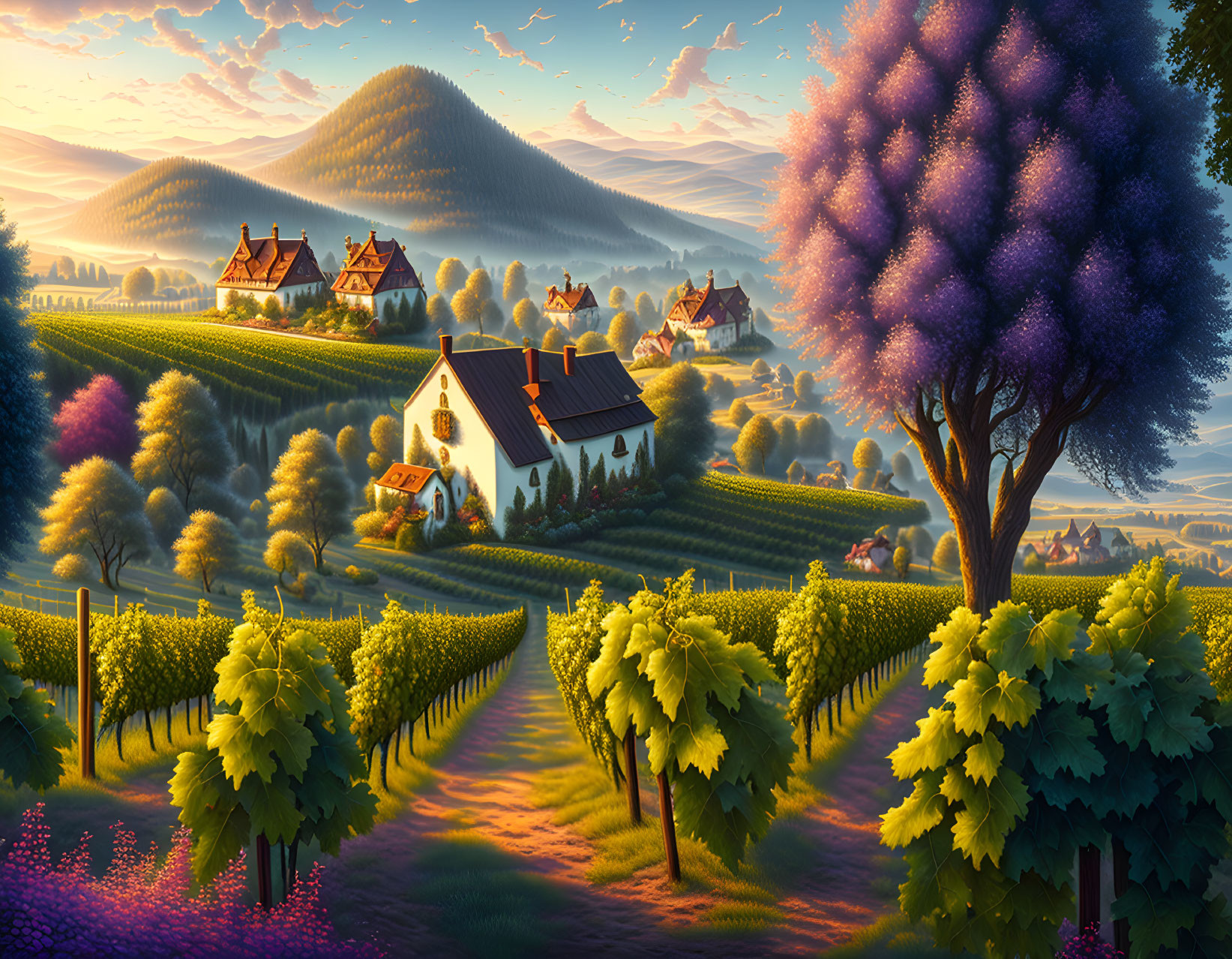 Sunset rural landscape: vineyards, rolling hills, cottages, tractor, purple tree.