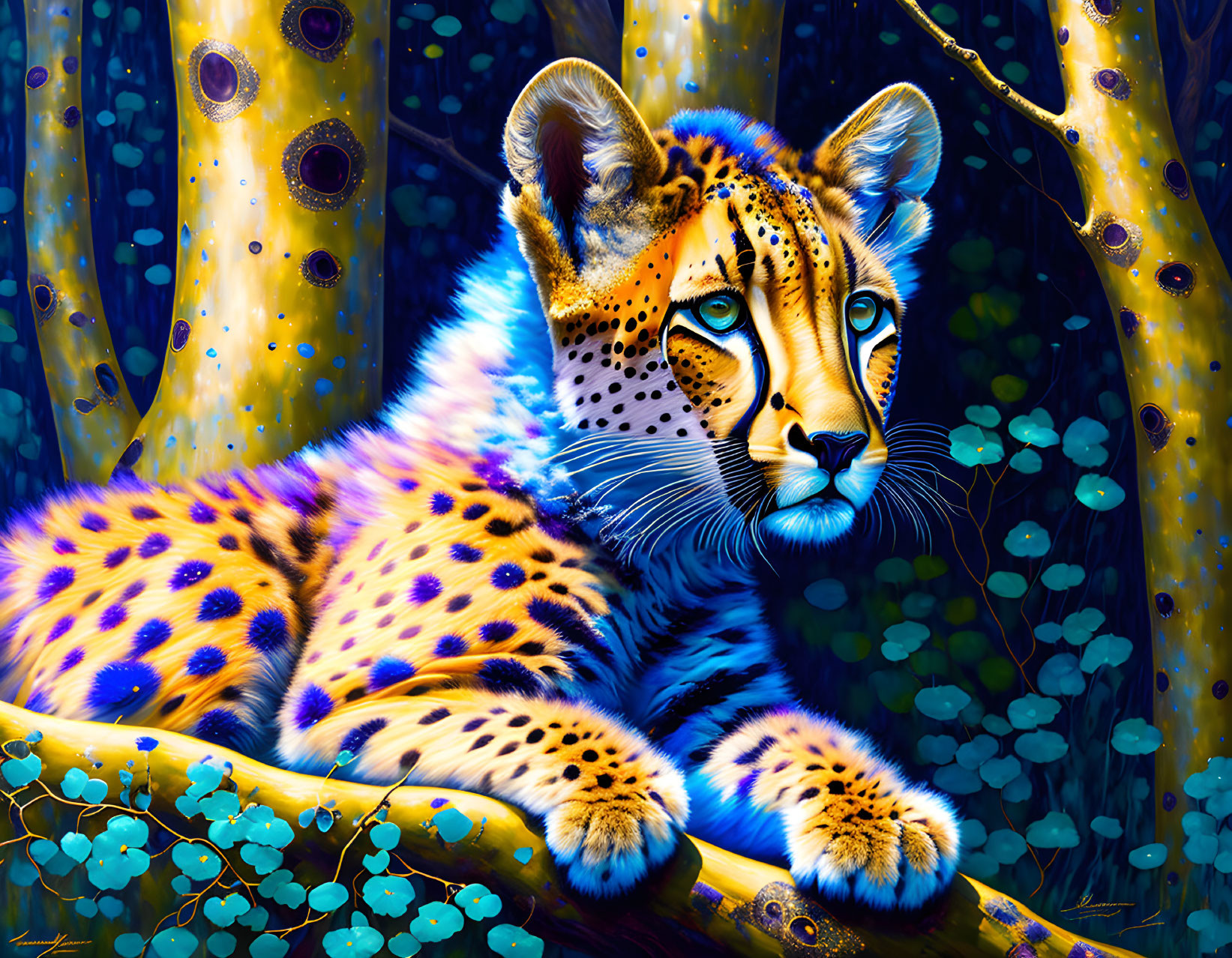 Colorful Leopard Resting on Branch in Whimsical Digital Art