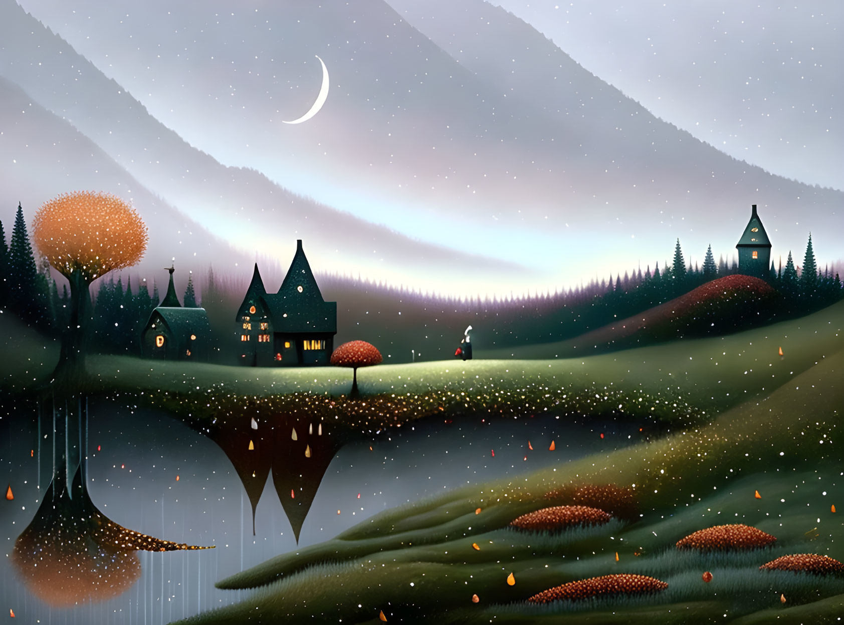 Night landscape with floating islands, glowing trees, cozy houses, crescent moon, and lone figure