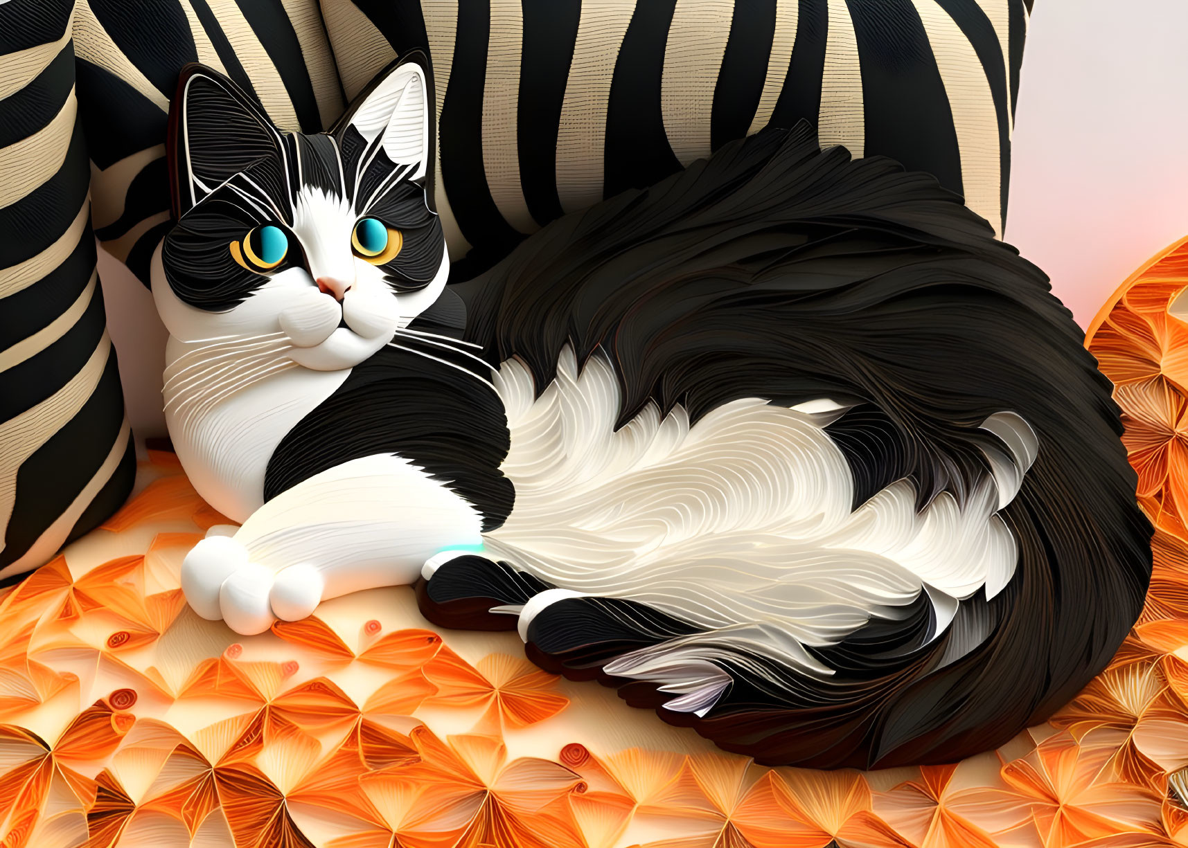 Monochrome cat with green eyes on orange patterned surface