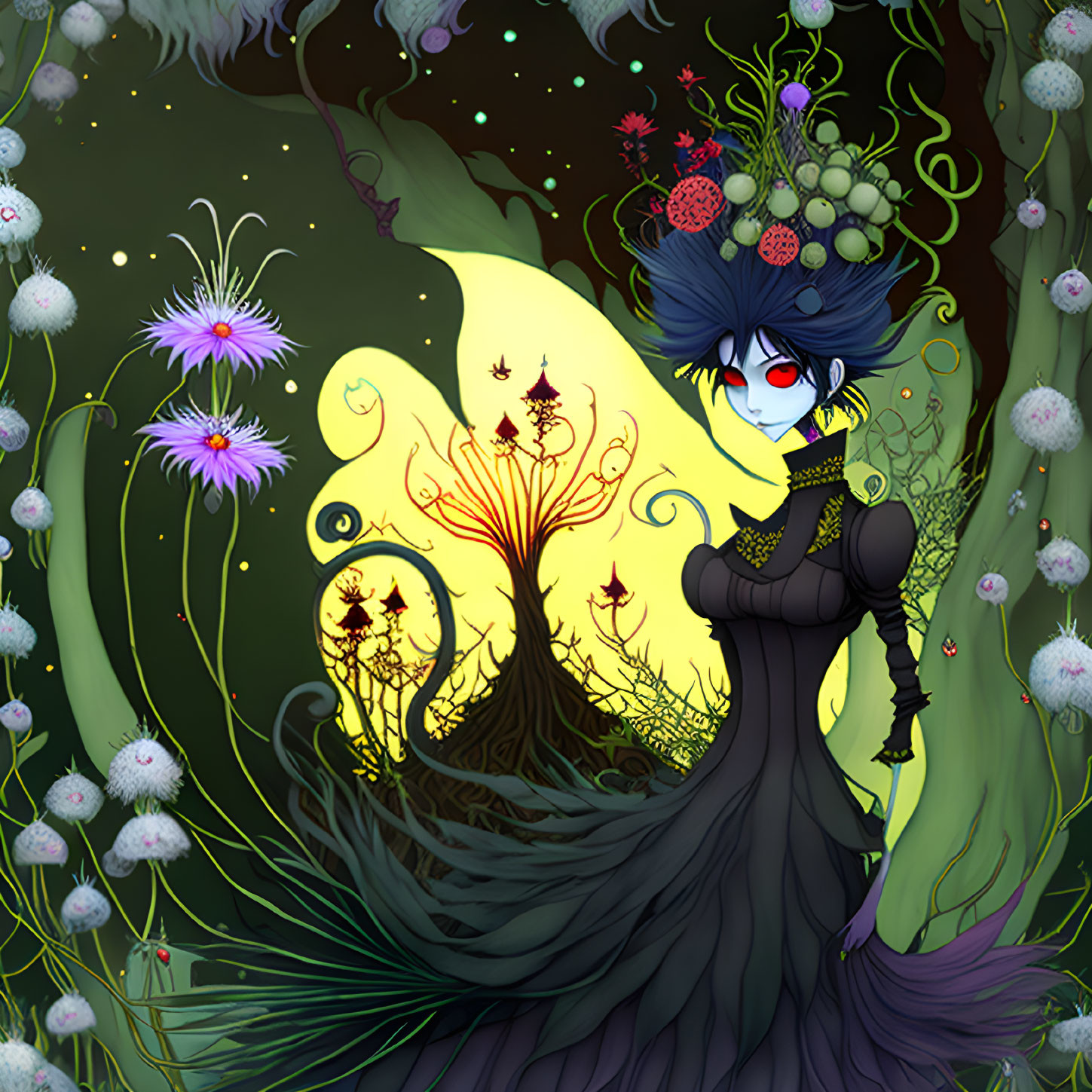 Blue-haired character in dark dress in mystical forest with glowing trees and dandelion seeds