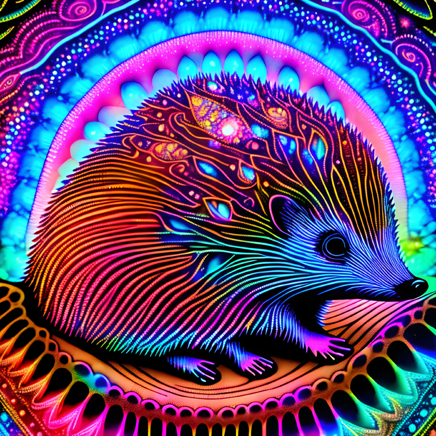 Colorful Psychedelic Hedgehog Illustration with Fractal Background