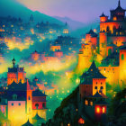 Vibrant cityscape with traditional buildings in foggy mountain sunset