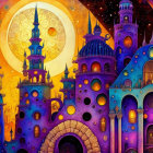 Colorful Fantasy Oriental City Illustration Under Starry Night Sky