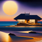 Modern House on Serene Beach at Sunset with Yellow Sun, Calm Sea, Rocks, and Birds