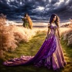 Mystical forest scene with elegant woman in purple gown