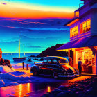 Coastal sunset with classic car, restaurant, waves, sailboat, colorful sky