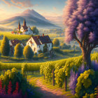 Sunset rural landscape: vineyards, rolling hills, cottages, tractor, purple tree.