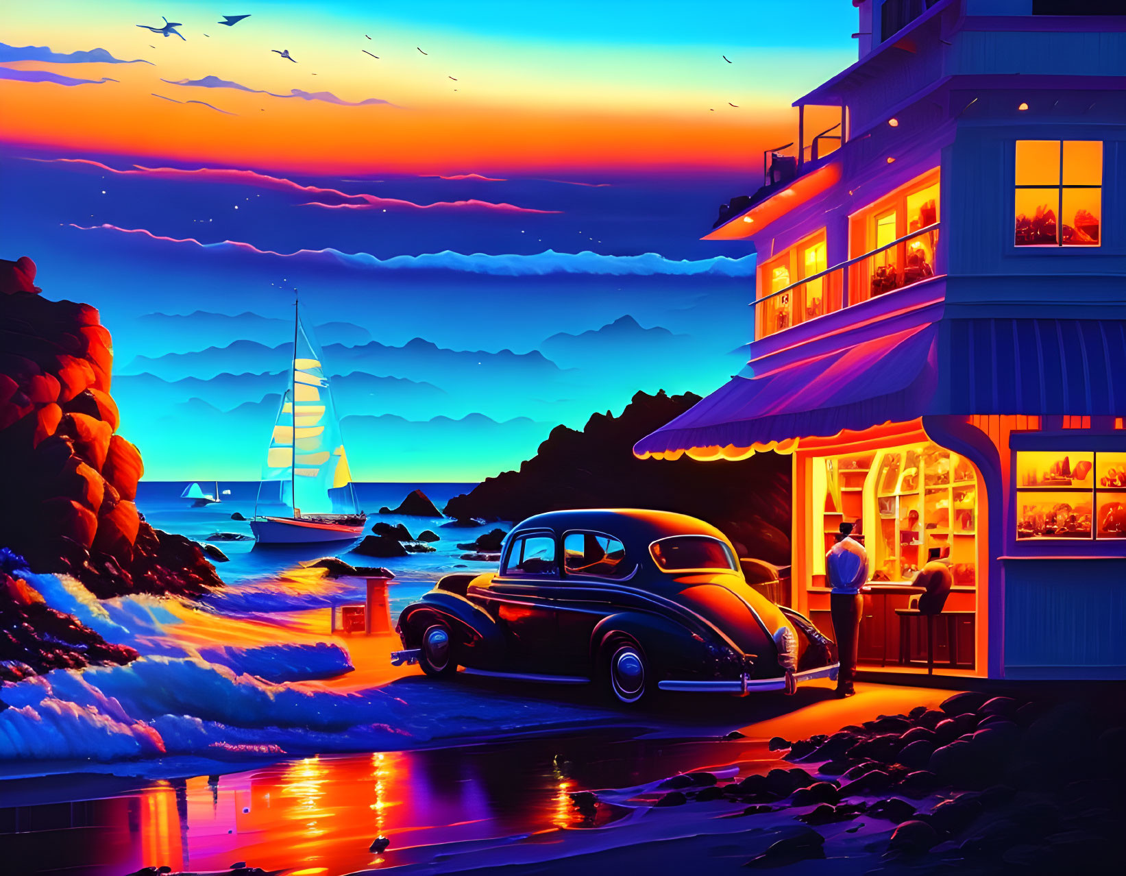 Coastal sunset with classic car, restaurant, waves, sailboat, colorful sky