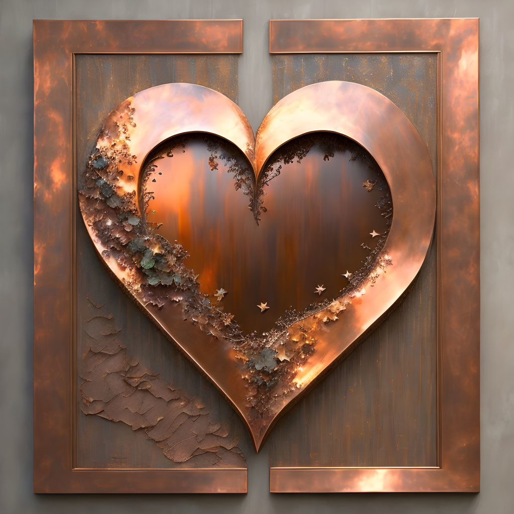 Copper-toned heart-shaped mirror with rustic texture and patina accents reflecting serene sky and birds.