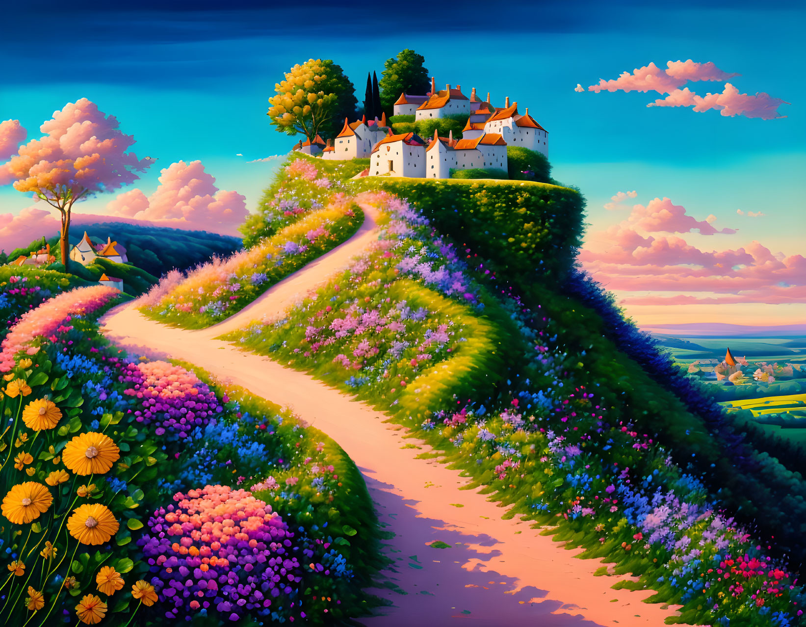 Colorful hillside path to village under pastel sunset.