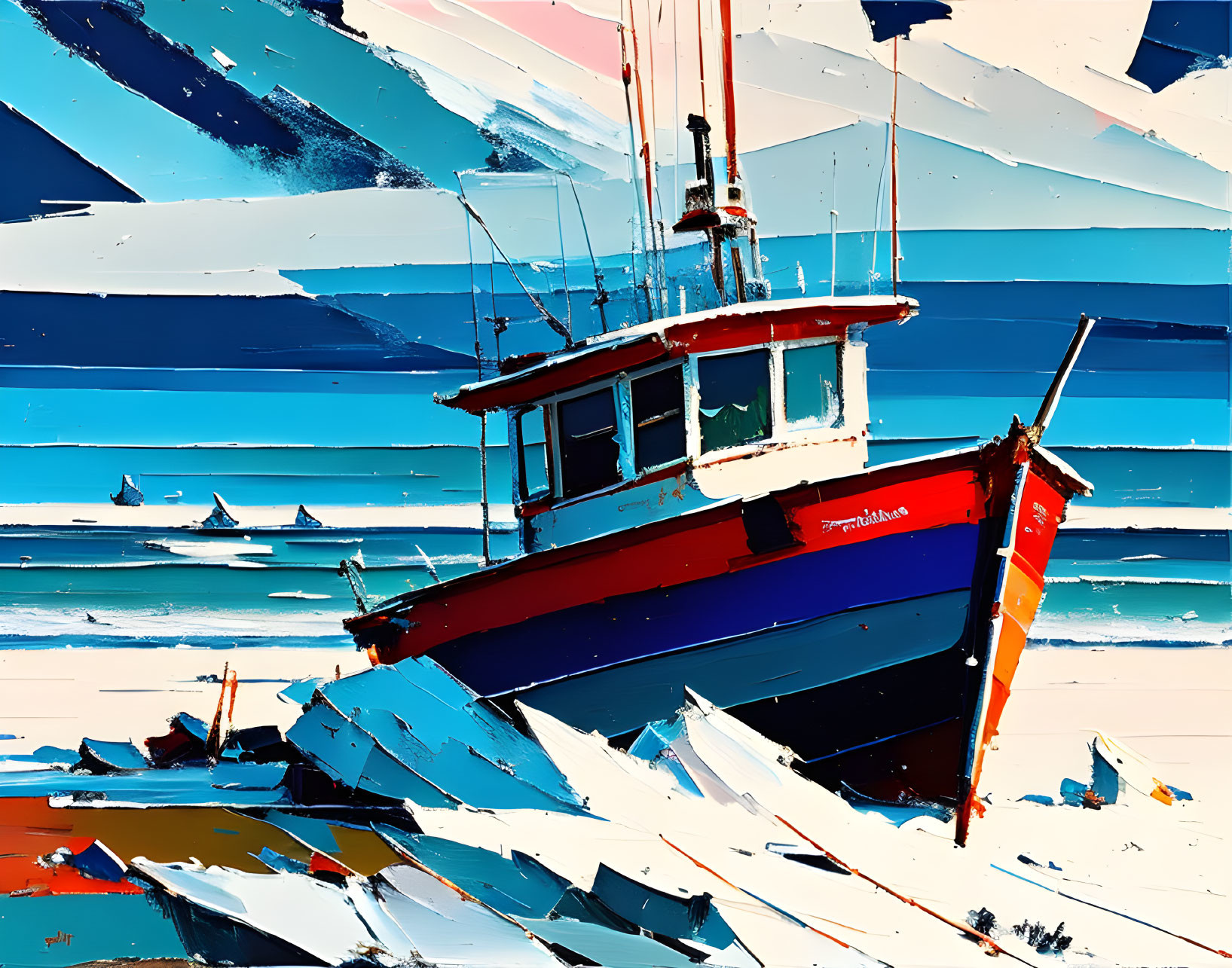 Vibrant abstract boat painting with geometric shapes and bold blue colors