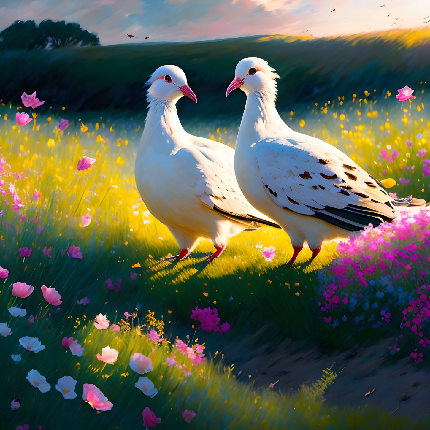 White doves in vibrant field with pink flowers, butterflies, and sunset sky