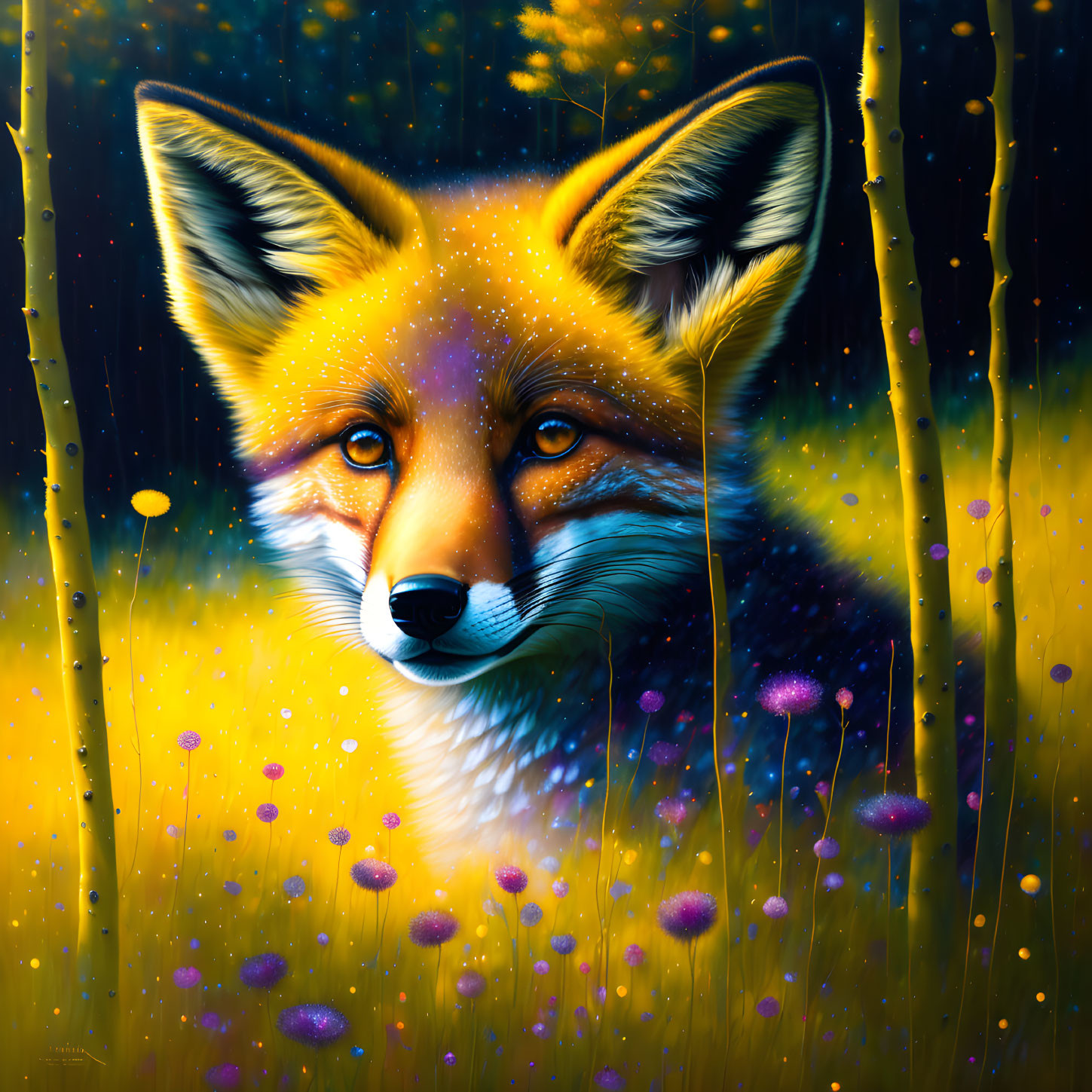 Detailed Fox Head Illustration with Glowing Flowers & Blue Lights