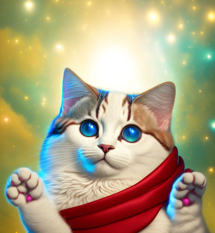 Illustrated cat with blue eyes and red scarf on golden background