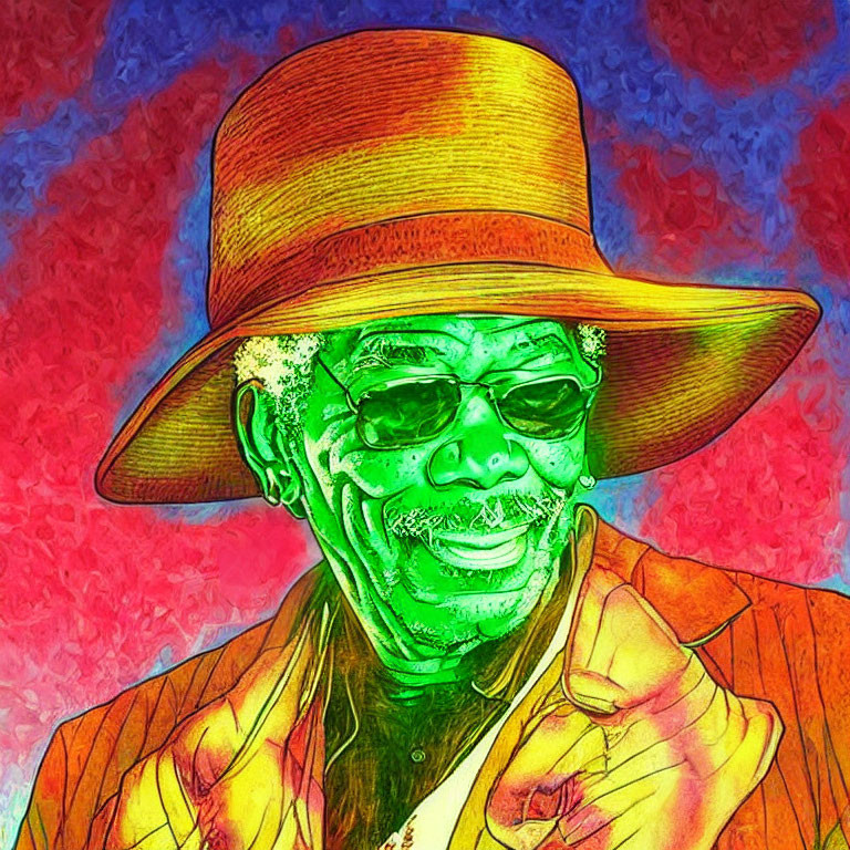 Colorful Stylized Portrait of Smiling Man with Hat and Sunglasses