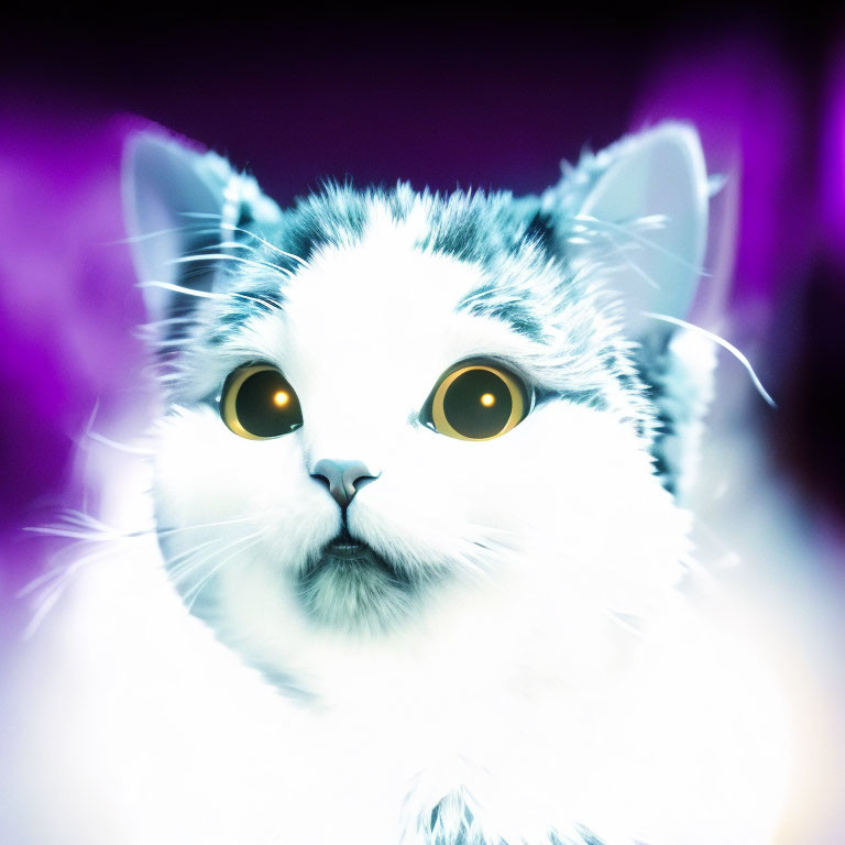 Digitally Enhanced White Cat with Large Yellow Eyes on Purple Background