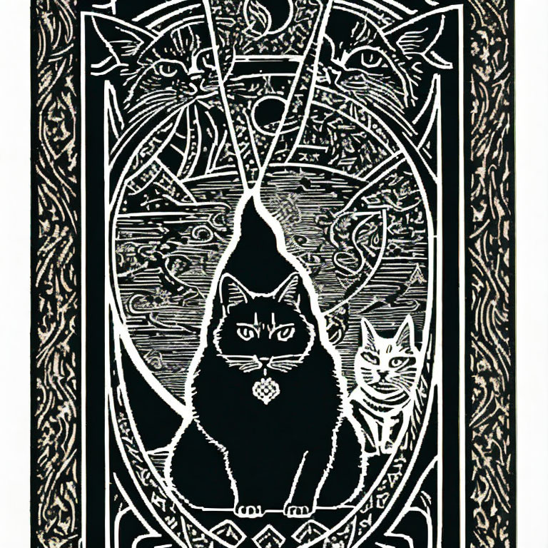 Artistic Black and White Image of Three Cats with Celtic-style Borders