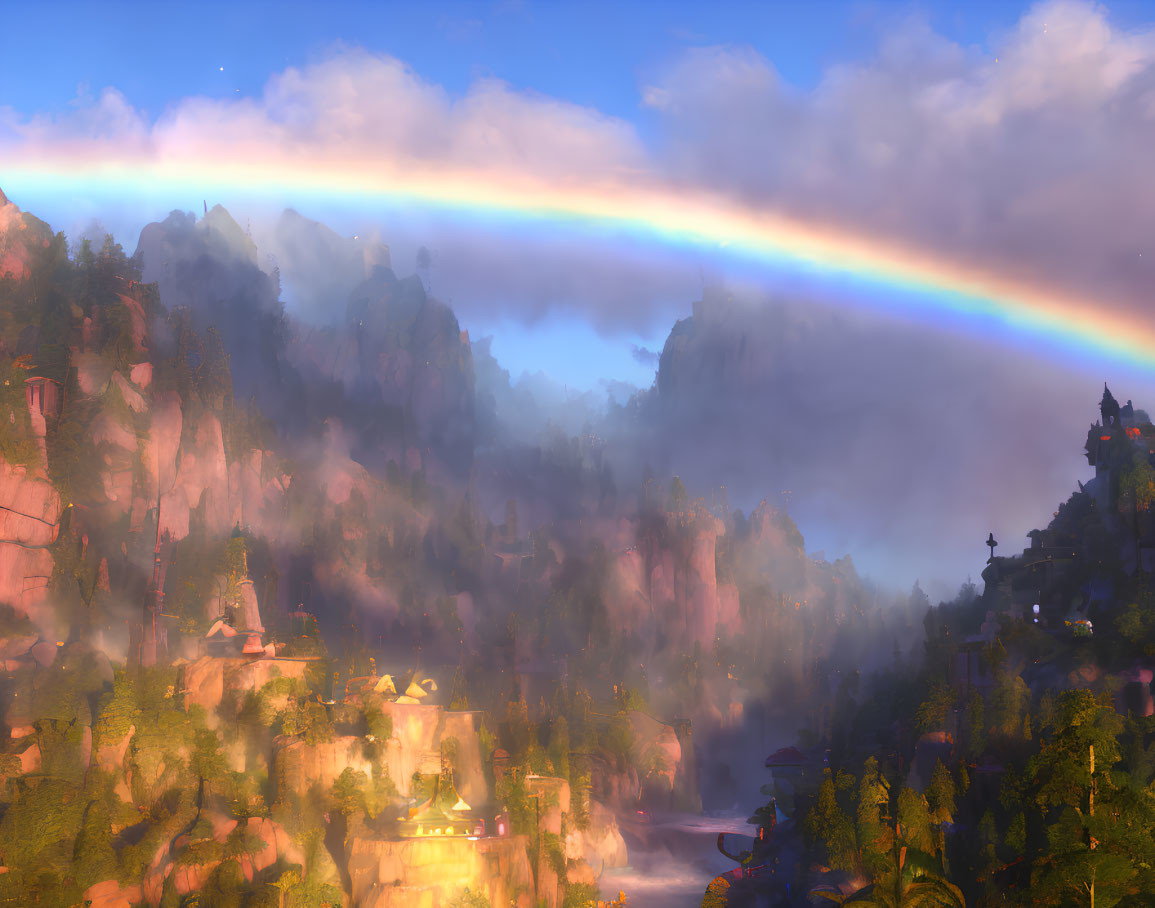 Colorful rainbow over misty, fantastical landscape with illuminated buildings