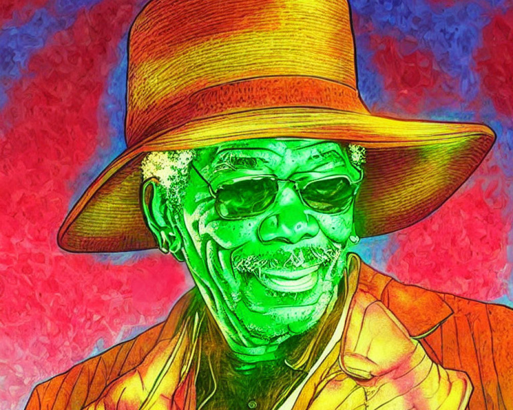 Colorful Stylized Portrait of Smiling Man with Hat and Sunglasses