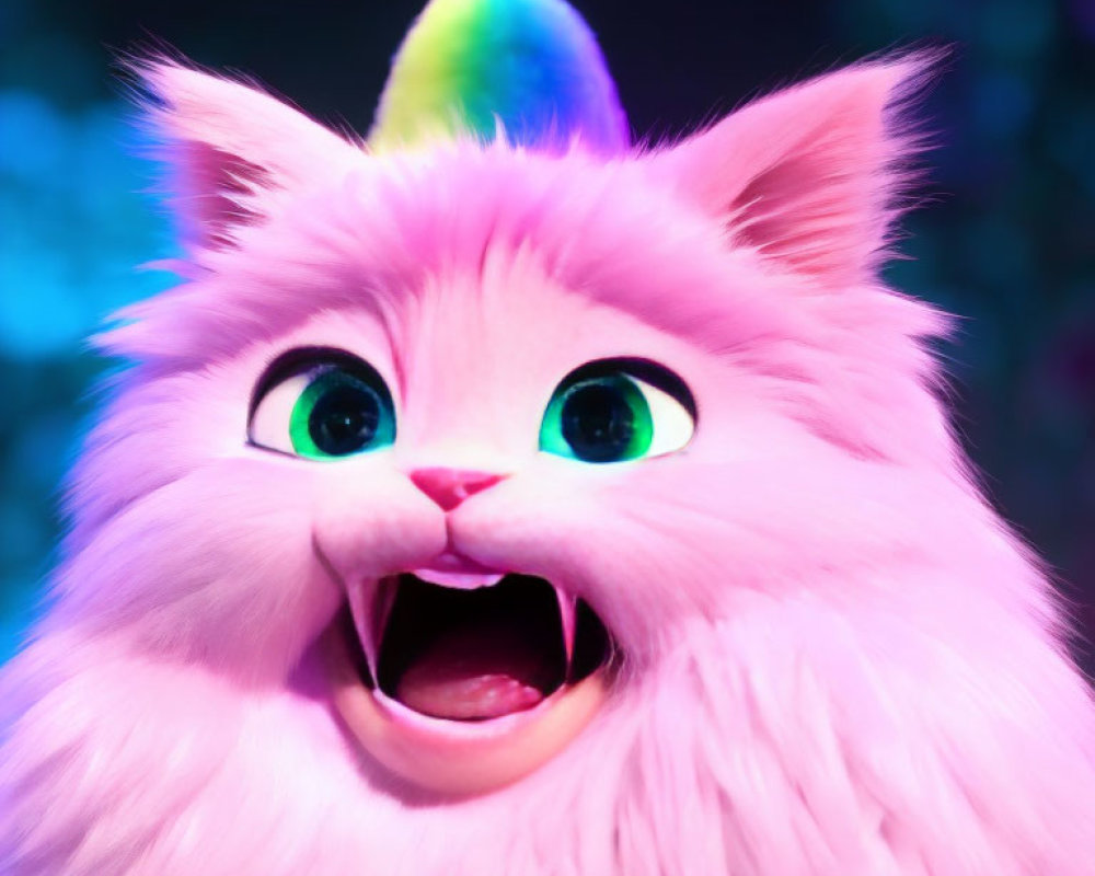 Fluffy Pink Cartoon Cat with Rainbow Horn