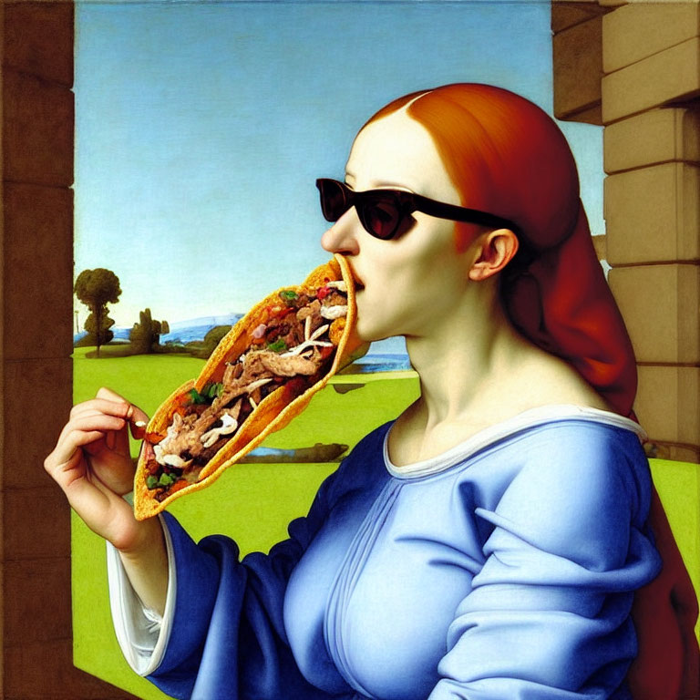 Red-haired woman with sunglasses eating taco in Renaissance landscape